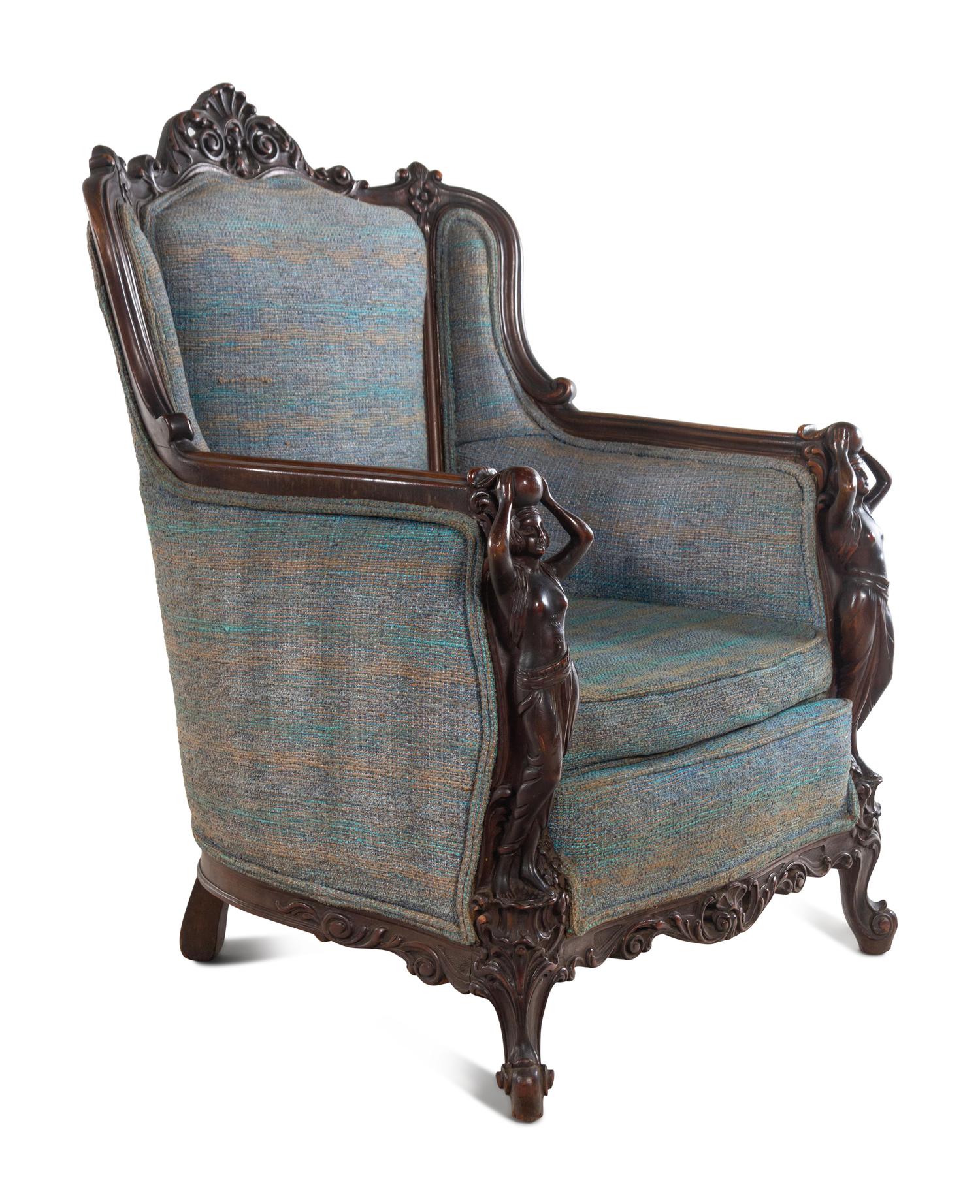 A Pair of Carved Walnut Armchairs in the Style of Karpen Bros.