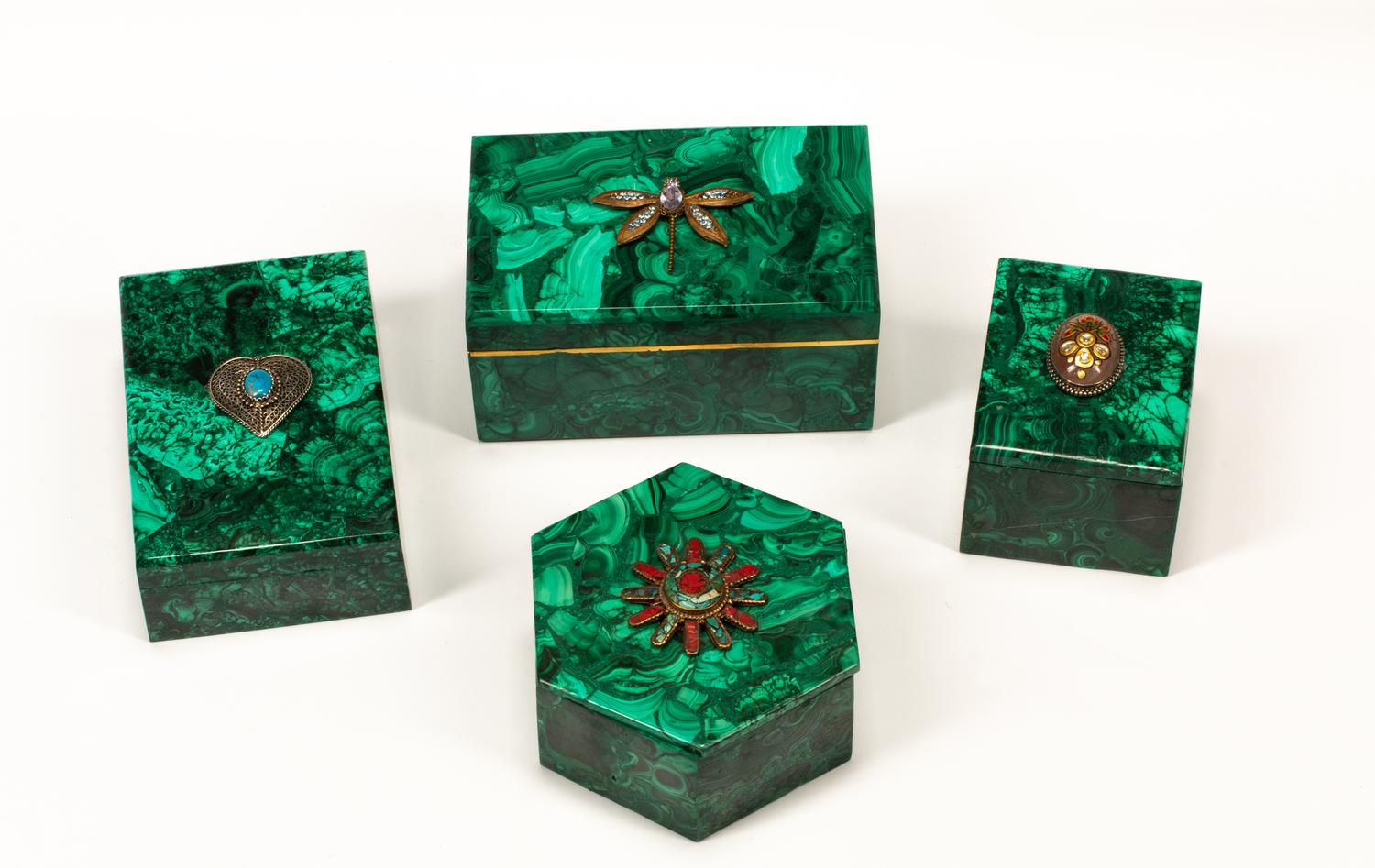Four "Jeweled" Malachite Table Boxes