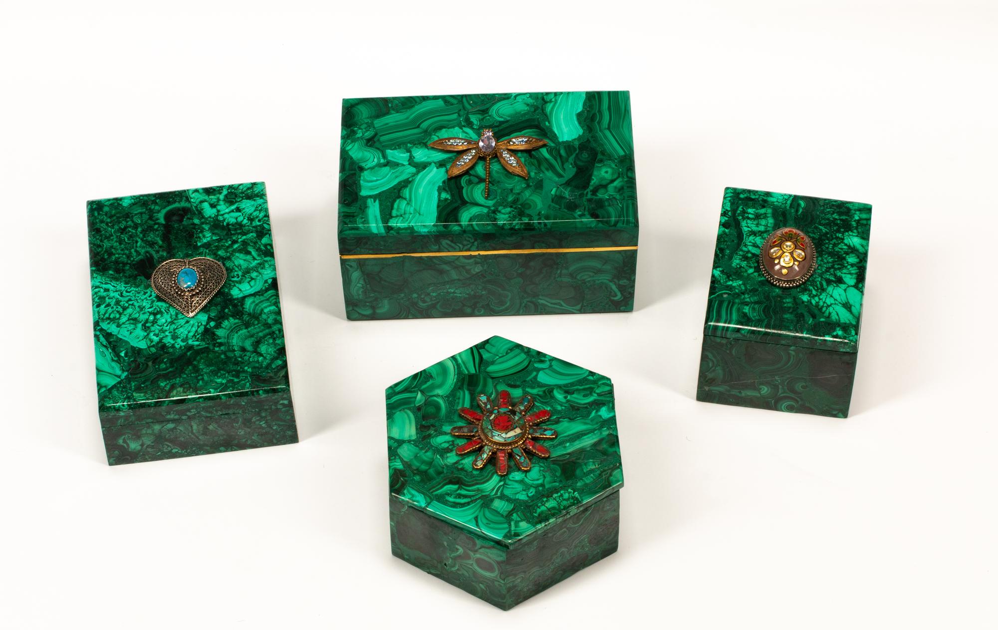 Four "Jeweled" Malachite Table Boxes