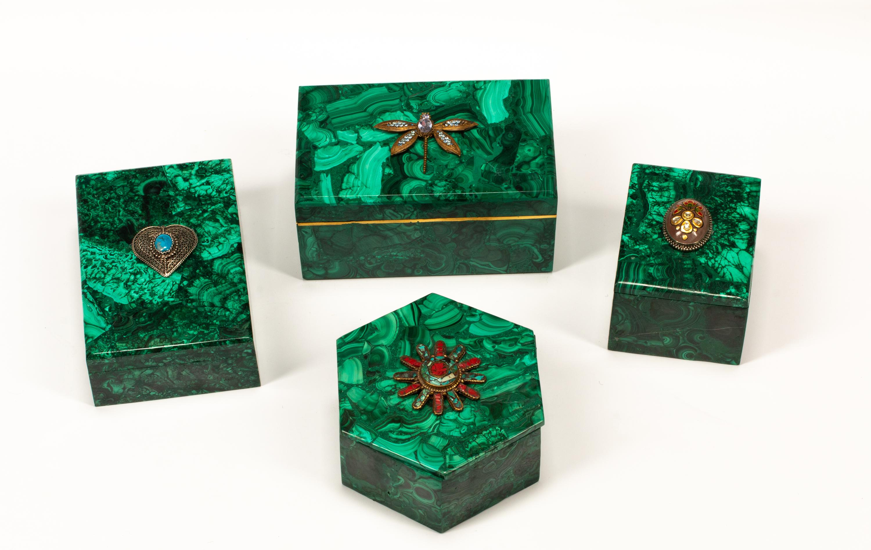 Four "Jeweled" Malachite Table Boxes