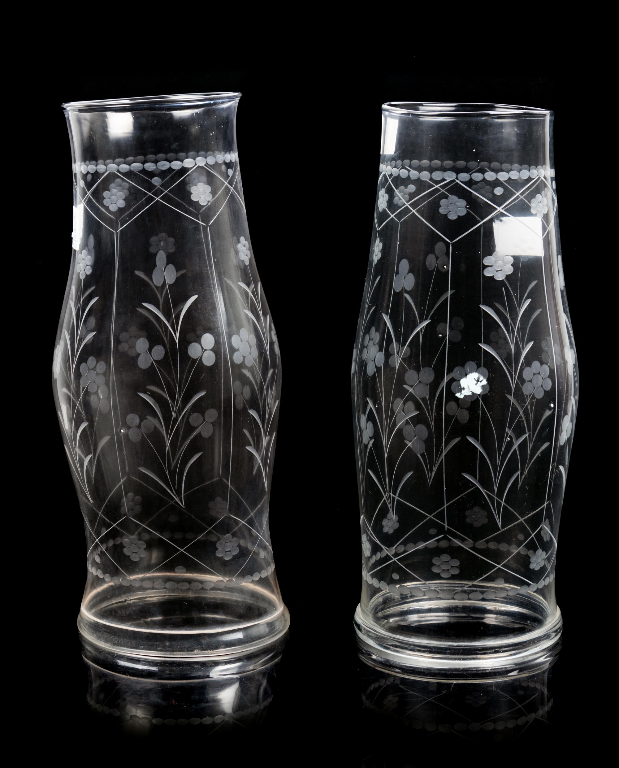 A Pair of Etched Glass Hurricane Candles