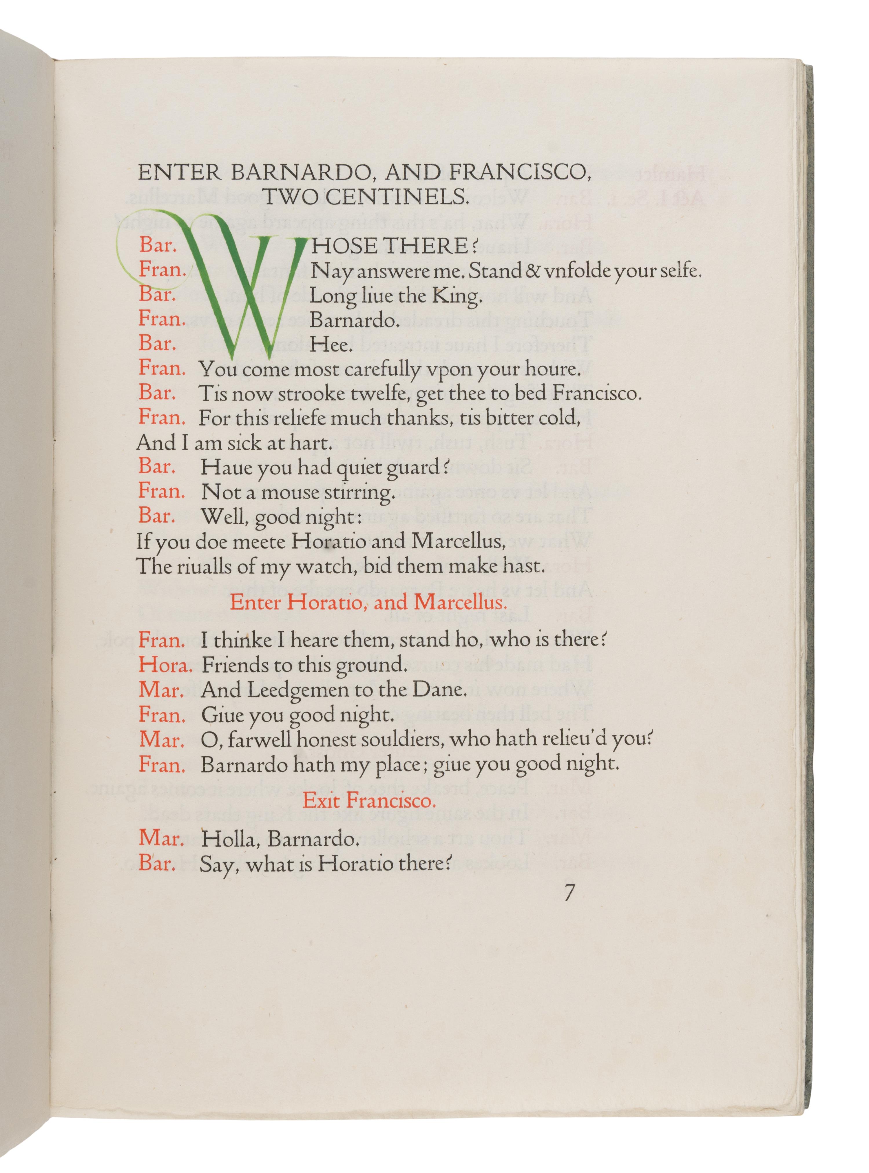 [Fine Press - Doves Press & Bindery]. Shakespeare, William (1564-1616). The Tragicall Historie of Hamlet Prince of Denmarke . Hammersmith: The Doves Press, 1909.