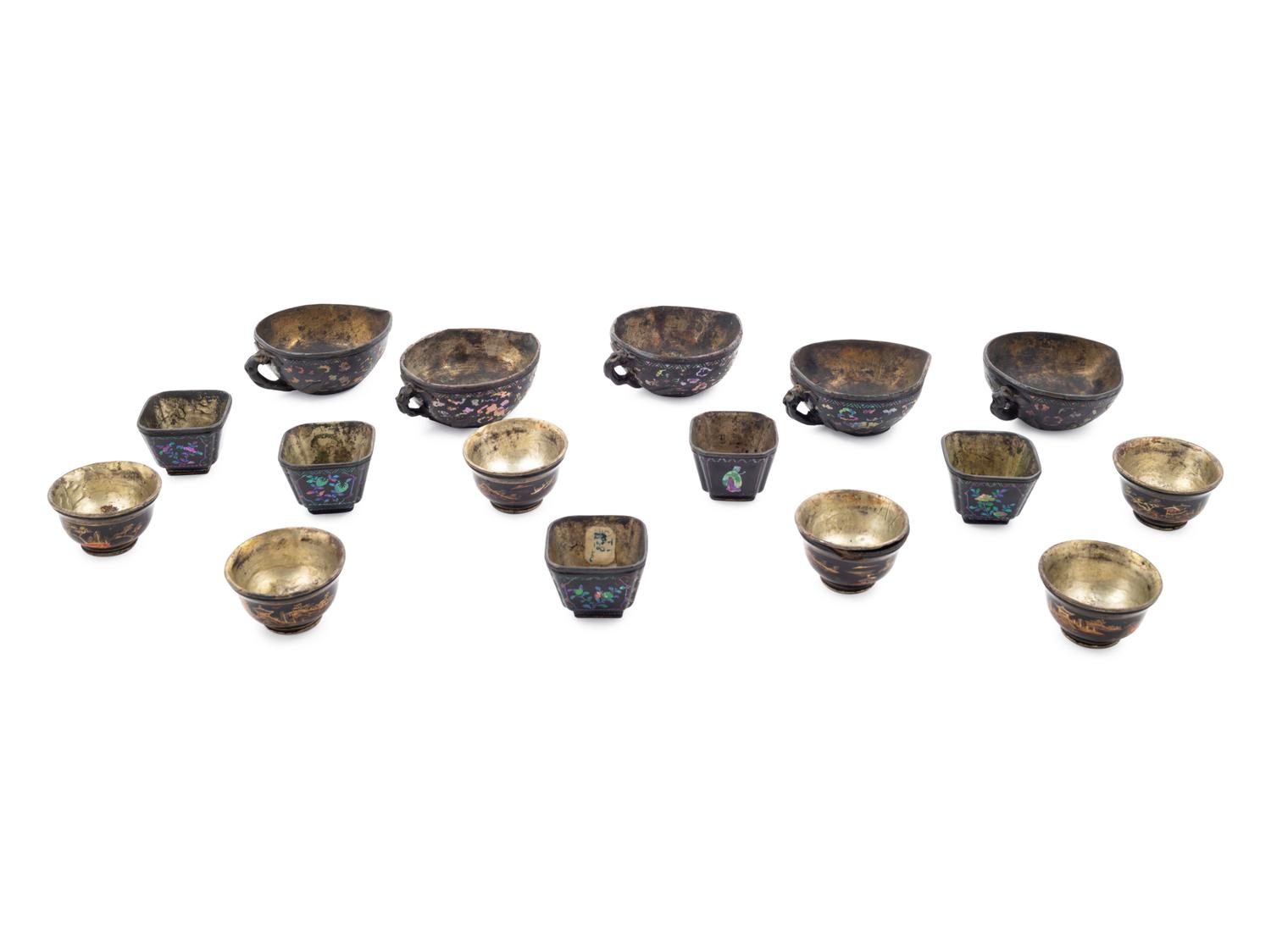 Sixteen Chinese Silver Inset Black Lacquer Cups