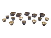Sixteen Chinese Silver Inset Black Lacquer Cups