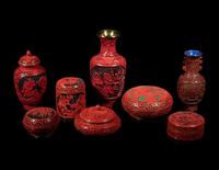 Eight Chinese Carved Red Lacquered Vessels