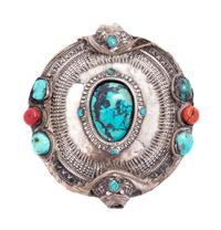A Tibetan Turquois Inset Silver Medallion Height 4 inches.