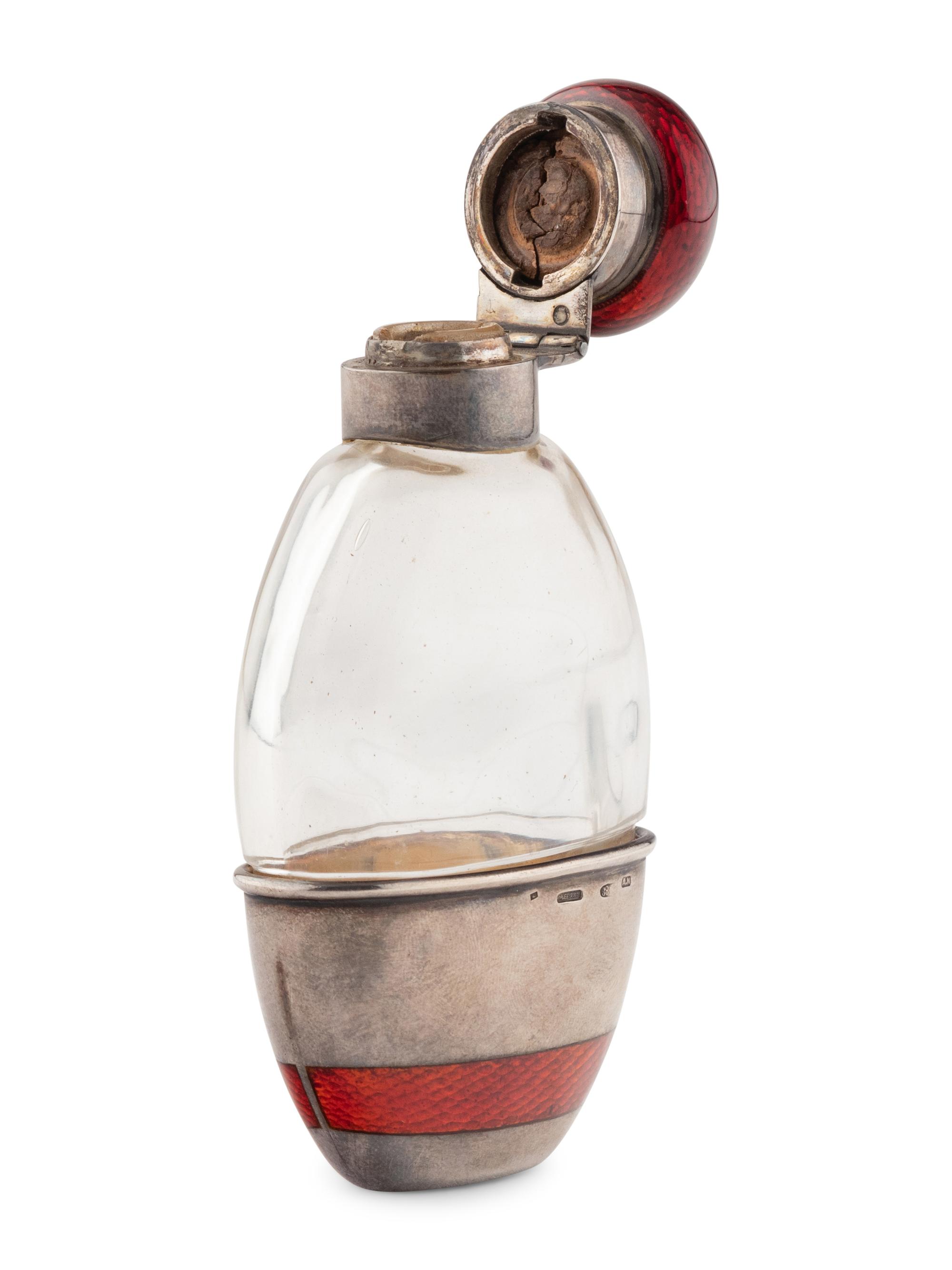 A Russian Silver, Guilloché Enamel and Glass Flask