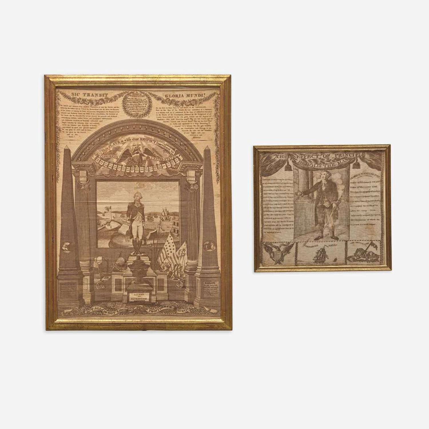 Two works: George Washington at the Altar of Liberty copperplate printed handkerchief and "The Effect of Principle" copperplate printed handkerchief The first, printed by Charles Gray or Colin Gillespie (Scottish), circa 1819, the second, Germantown Printing Co., PA, circa 1806