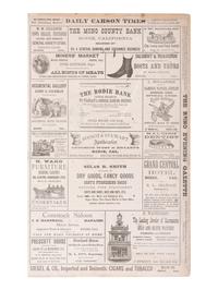 [WESTERN AMERICANA - GOLD RUSH]. Double-sided illustrated broadsheet promoting businesses in Nevada and California, incl. the mining town of Bodie, CA.