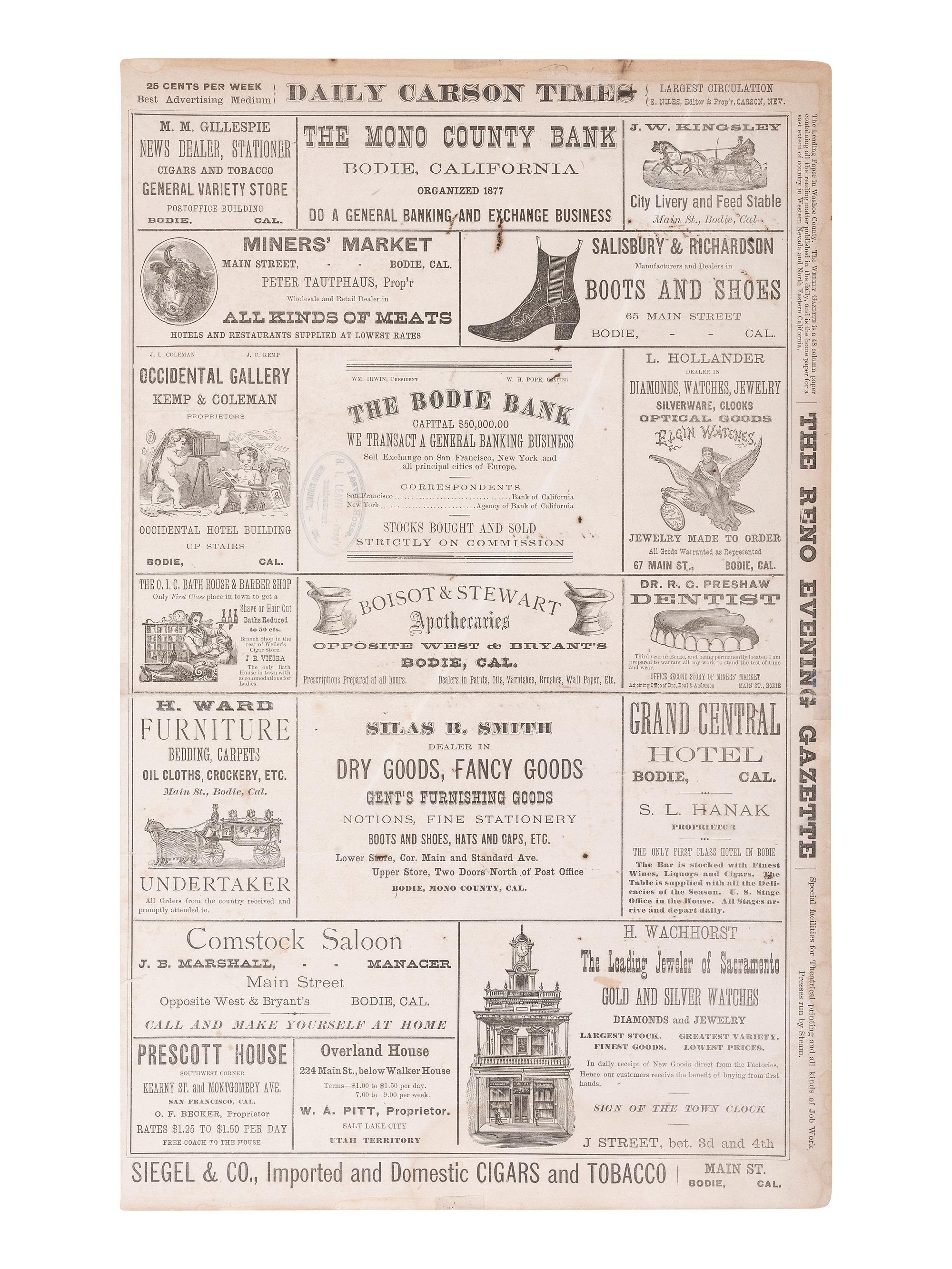 [WESTERN AMERICANA - GOLD RUSH]. Double-sided illustrated broadsheet promoting businesses in Nevada and California, incl. the mining town of Bodie, CA.