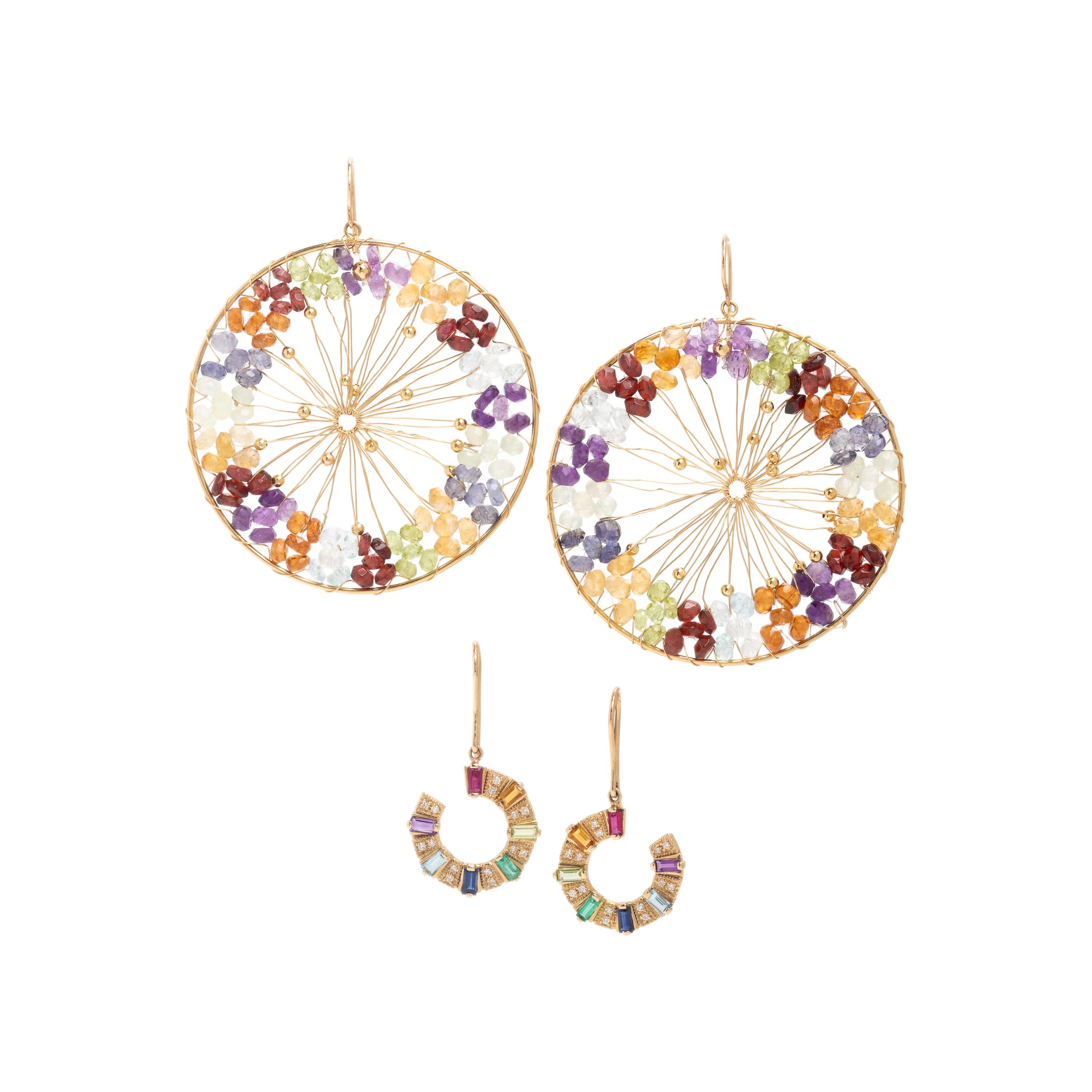 Two Pairs of Multigem and Yellow Gold Earrings