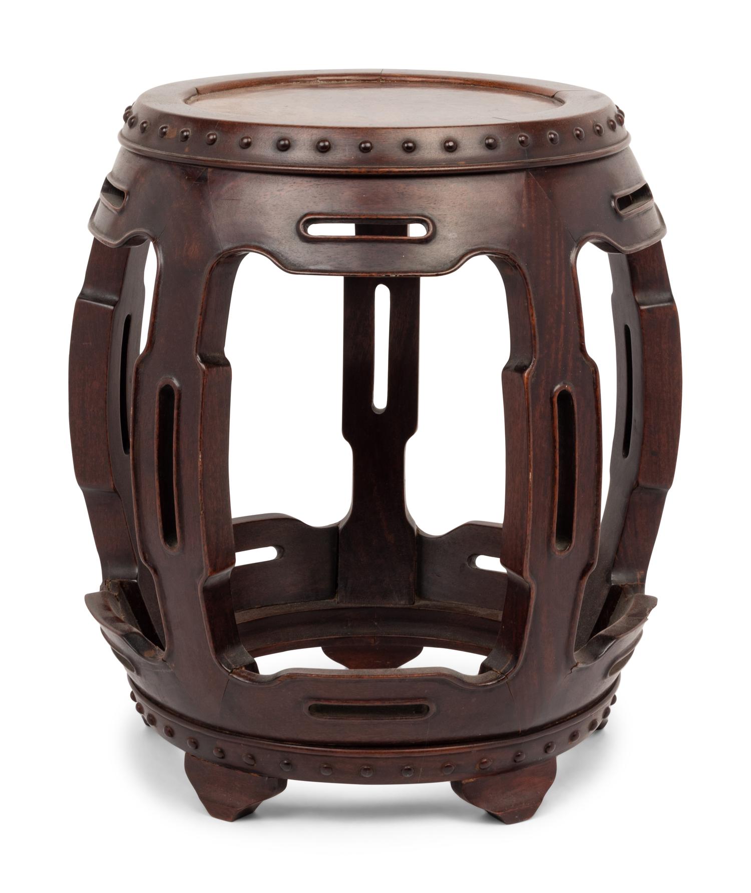 A Chinese Burlwood Inset Hardwood Drum Stool