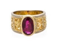 An 18 Karat Yellow Gold, Ruby and Diamond Ring, 3.60 dwts.