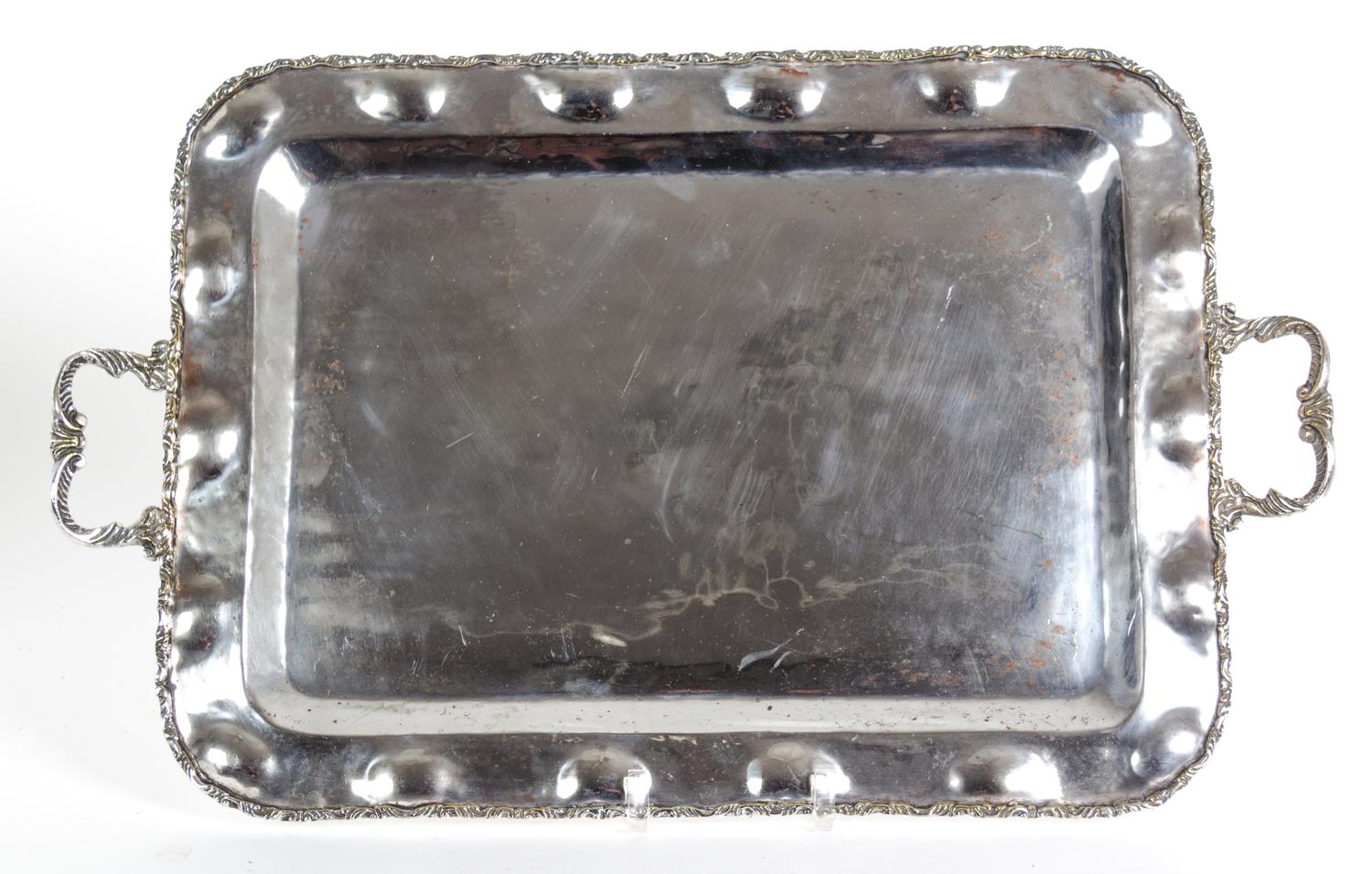 Eight Miscellaneous Silverplate Serving Trays Largest, length over handles 26 1/2 inches.