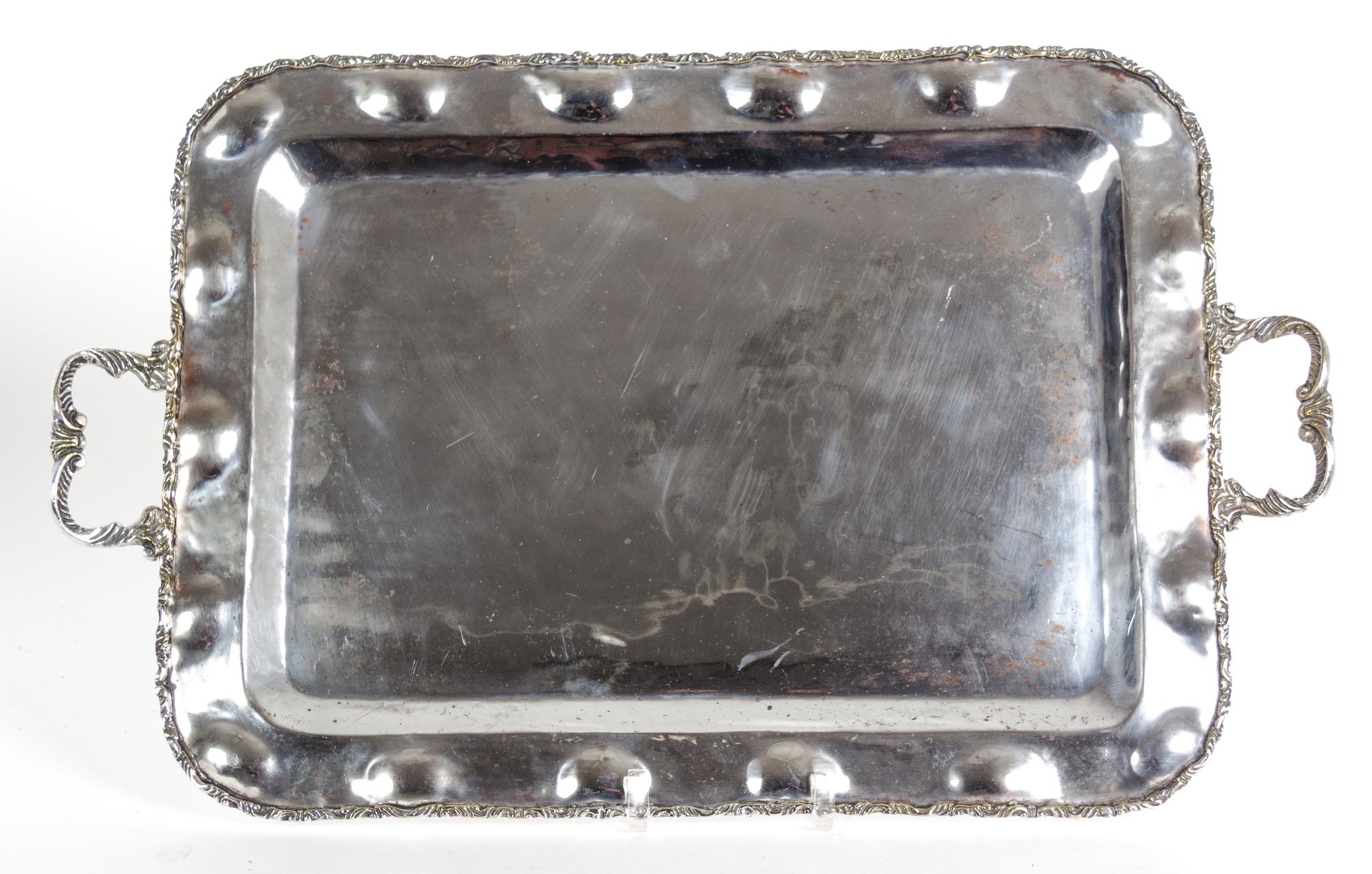 Eight Miscellaneous Silverplate Serving Trays Largest, length over handles 26 1/2 inches.
