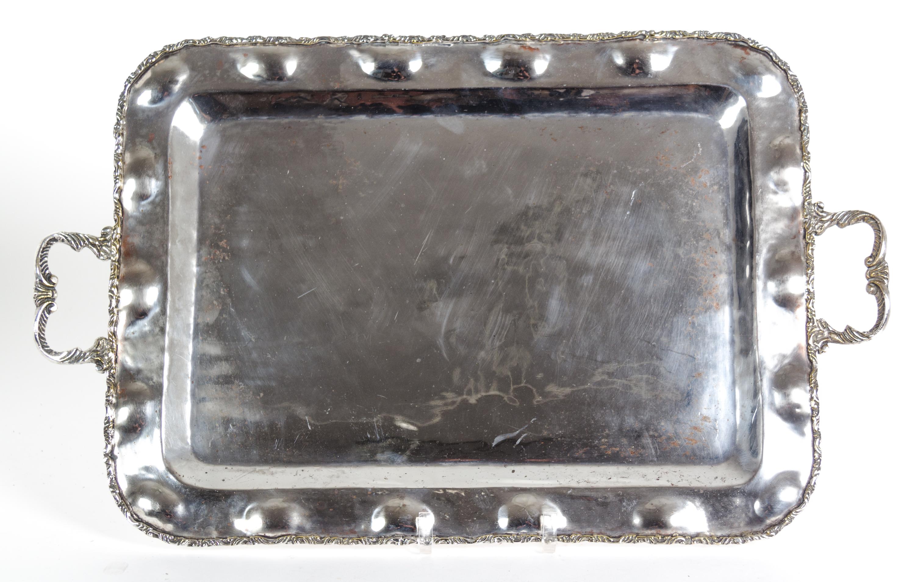 Eight Miscellaneous Silverplate Serving Trays Largest, length over handles 26 1/2 inches.