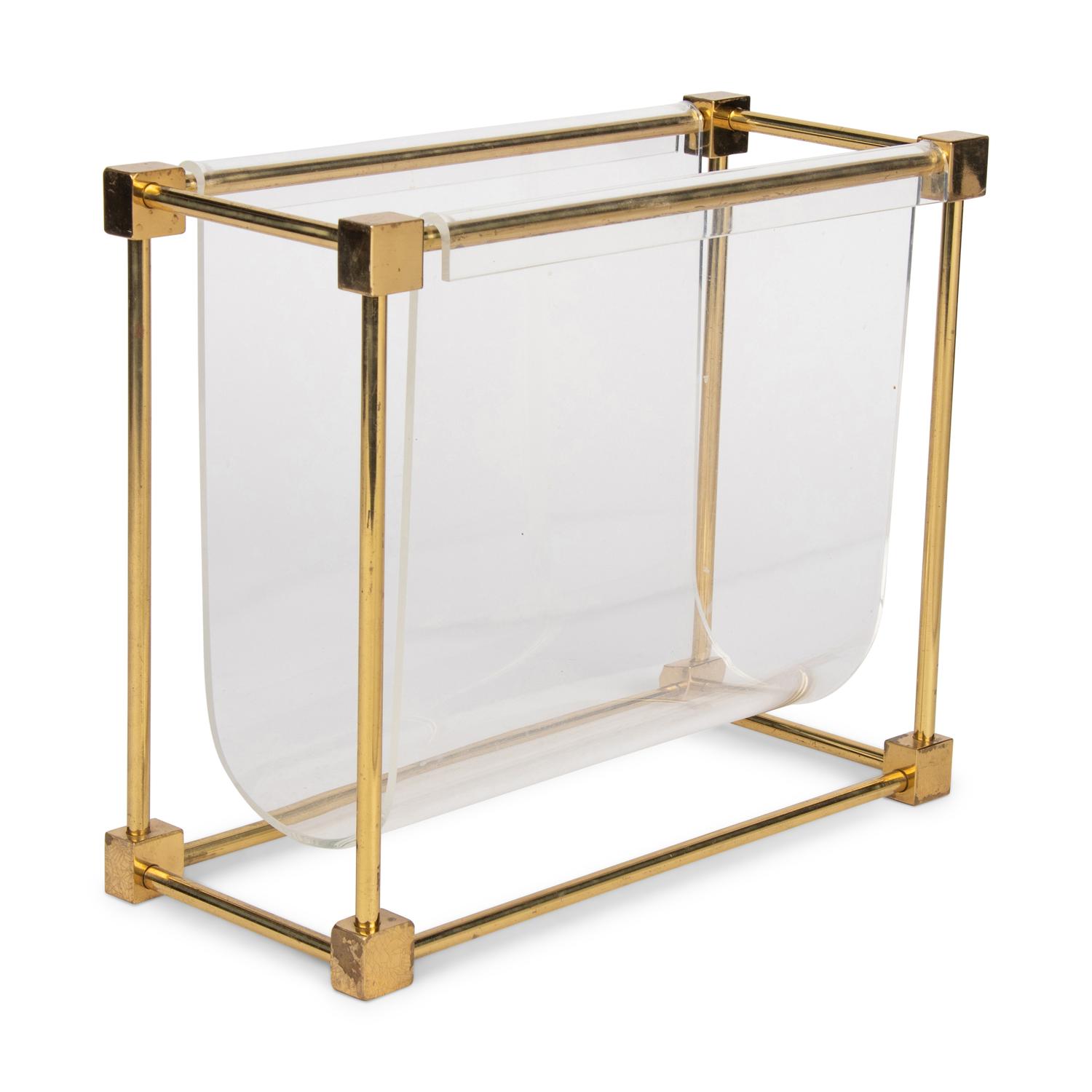A Contemporary Brass and Acrylic Magazine Rack