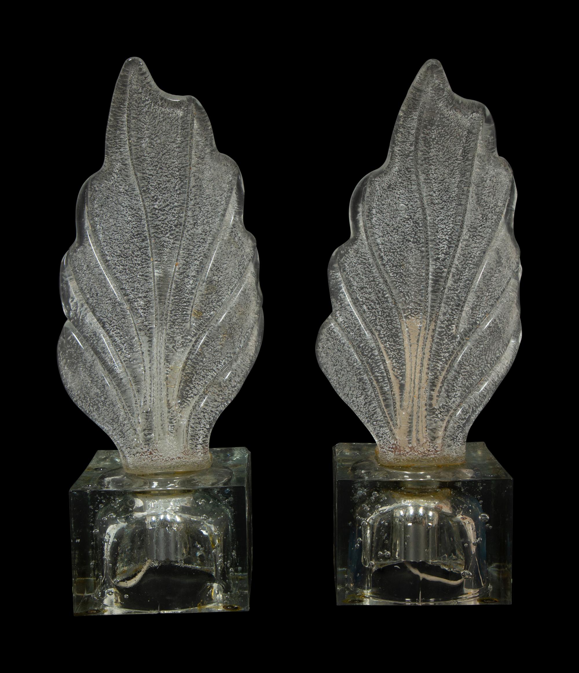 A Pair of Molded Glass Leaf-Form Single-Light Lamps