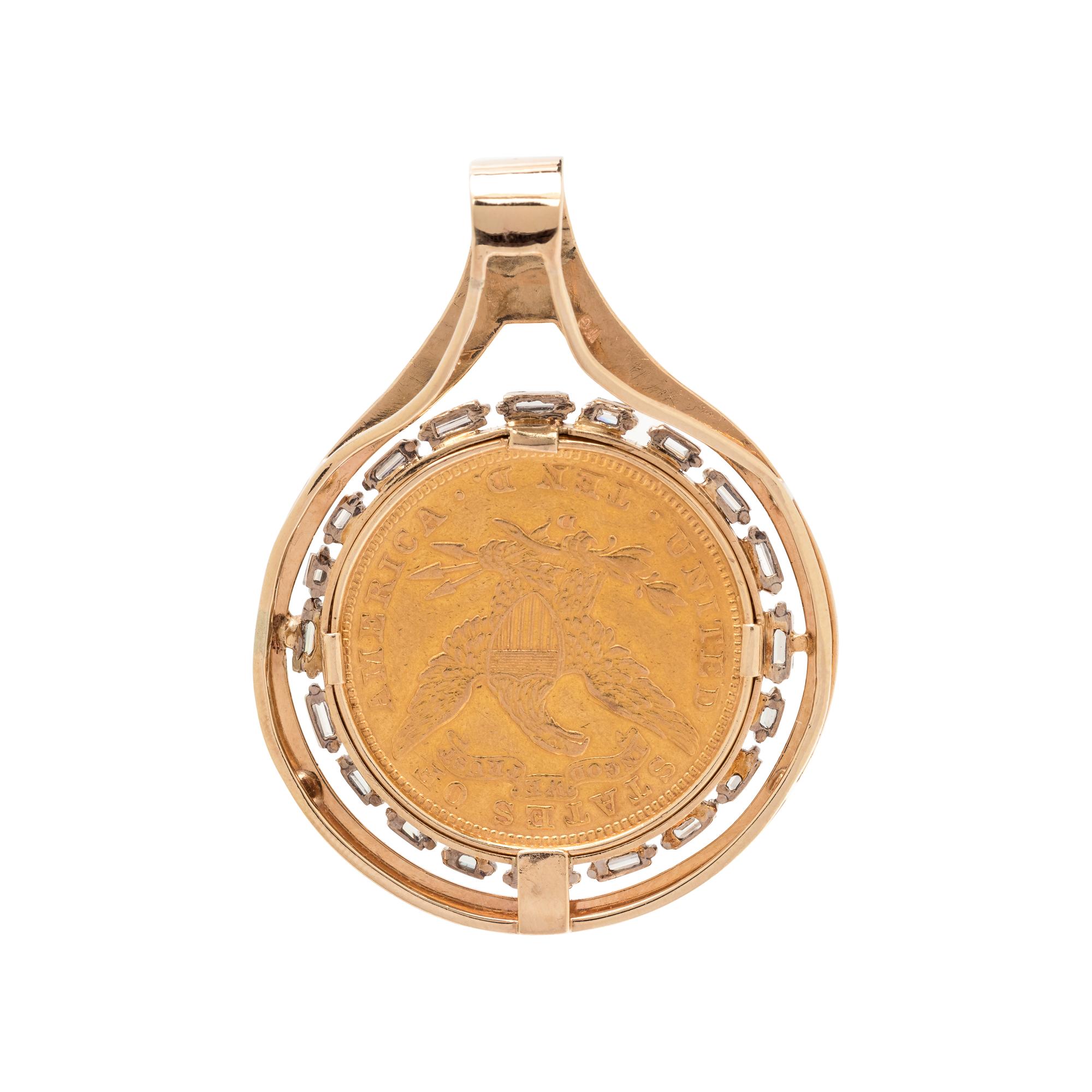 YELLOW GOLD, COIN AND DIAMOND PENDANT