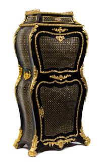 A Napoleon III Gilt Bronze Mounted Brass and Mother-of-Pearl Inlaid Ebonized Secretaire a Abattant Height 49 1/2 x width 25 x depth 11 — THIRD QUARTER 19TH CENTURY