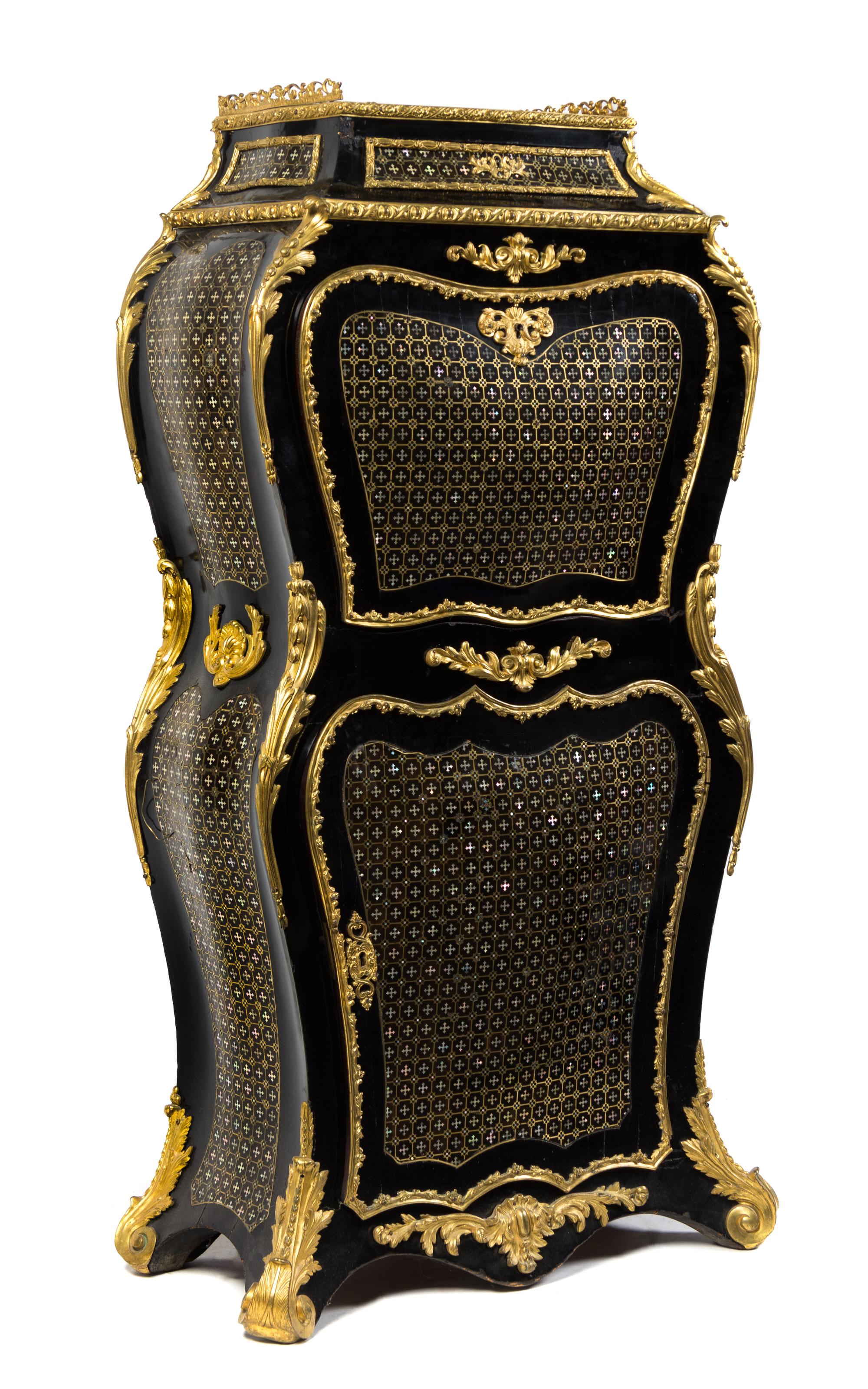 A Napoleon III Gilt Bronze Mounted Brass and Mother-of-Pearl Inlaid Ebonized Secretaire a Abattant Height 49 1/2 x width 25 x depth 11 — THIRD QUARTER 19TH CENTURY