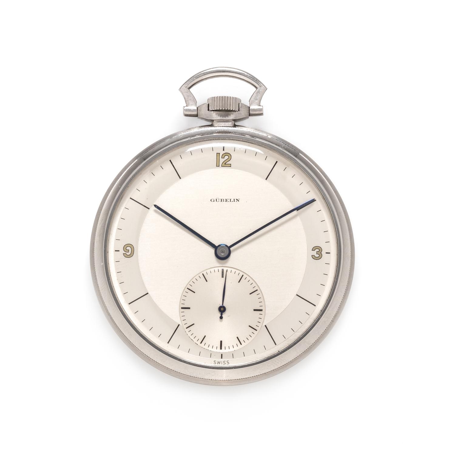 Gubelin, Stainless Steel Open Face Pocket Watch, Circa 1940's