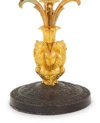 A Pair of Empire Style Gilt and Patinated Bronze Three-Light Candelabra