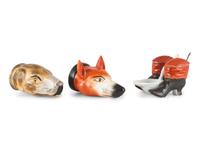 Two Staffordshire Stirrup Cups and a Boots-Form Novelty Condiment Set