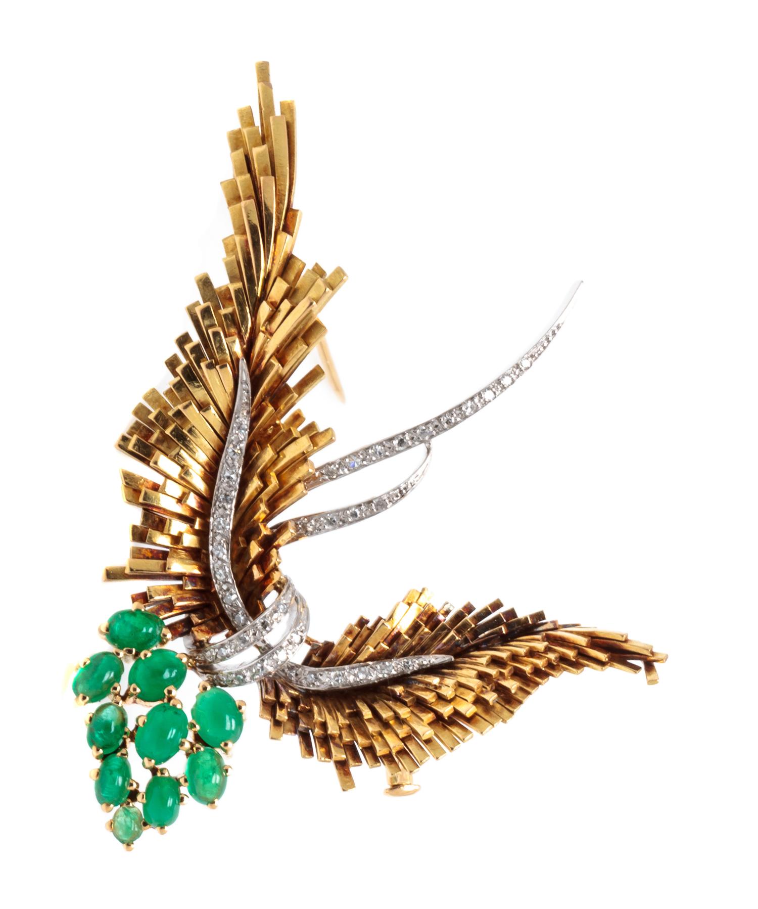 A Yellow Gold, Platinum, Emerald and Diamond Brooch, 13.70 dwts.