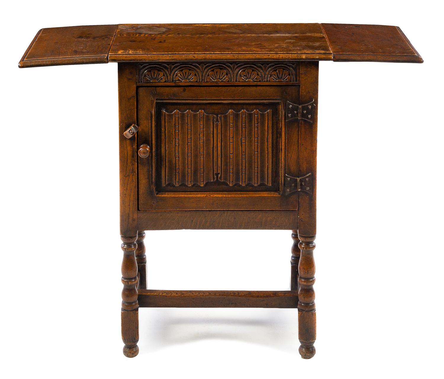 A Gothic Revival Oak Drop-Leaf Cabinet Height 30 3/8 x width 38 (open) x depth 14 1/4 inches. — 19TH CENTURY
