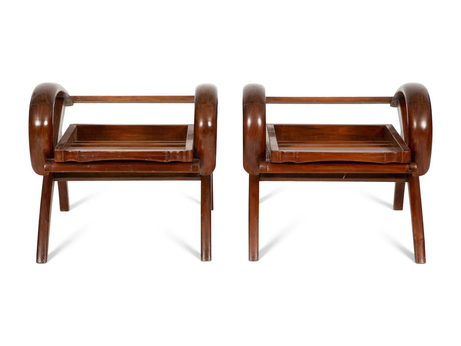 A Pair of Art Deco Walnut and Caned Folding Lounge Chairs