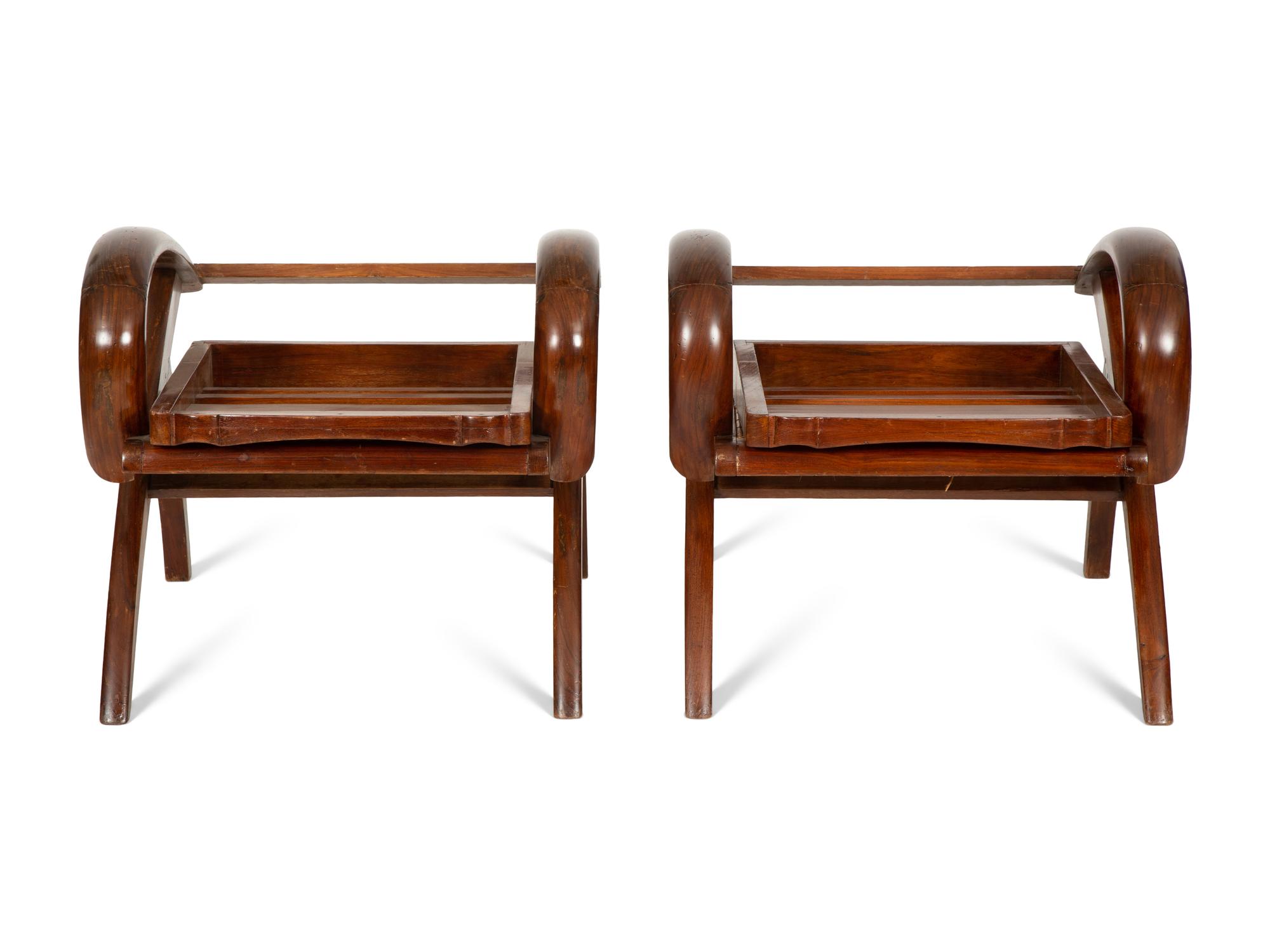 A Pair of Art Deco Walnut and Caned Folding Lounge Chairs