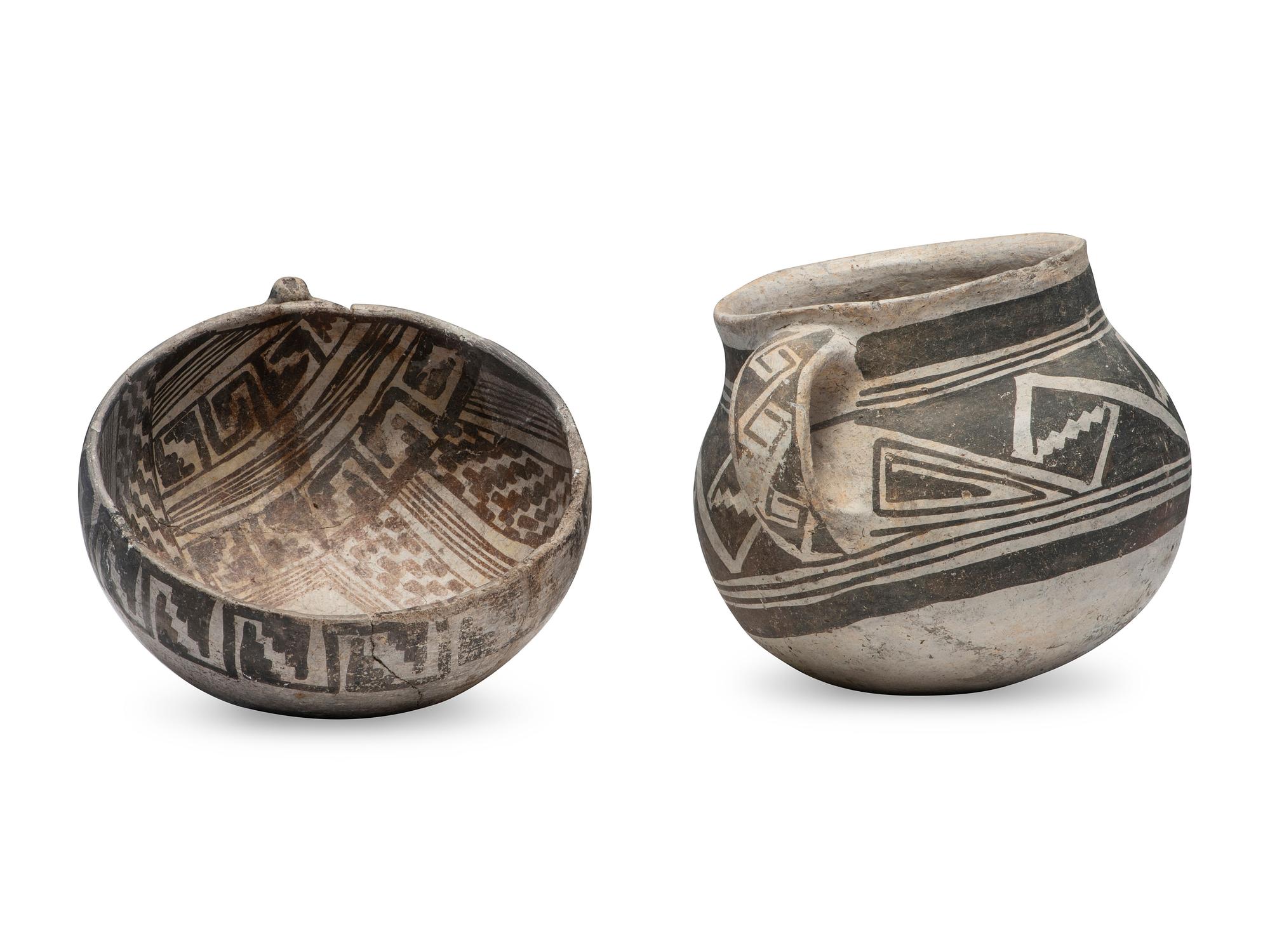 Ancestral Pueblo Black-on-White Pottery Bowl and Jar
