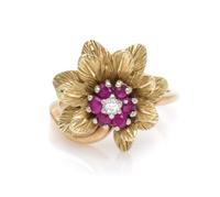 A 14 Karat Yellow Gold, Ruby and Diamond Floral Motif Ring, 3.30 dwts.