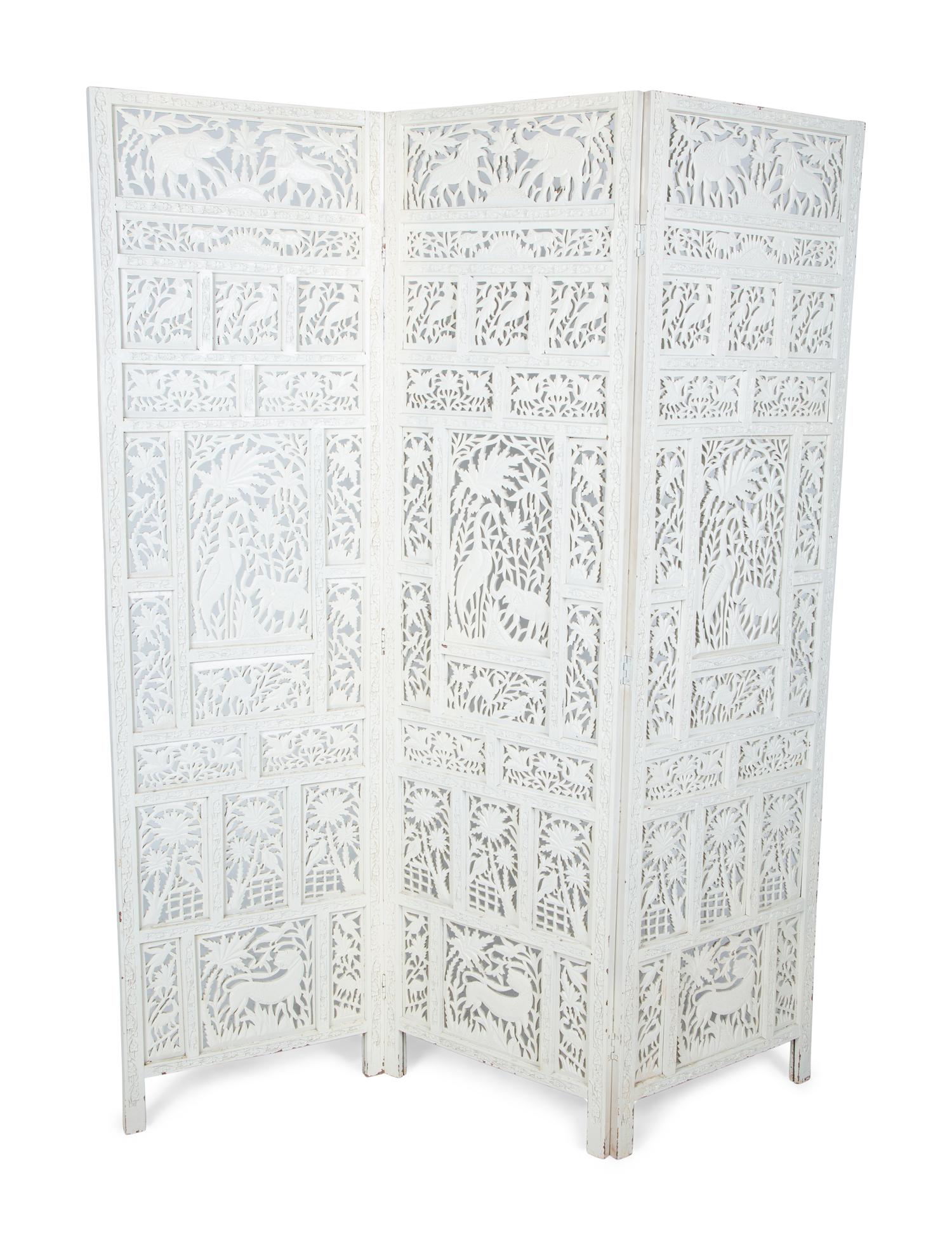 An Indian White Painted Three-Panel Floor Screen — 20TH CENTURY