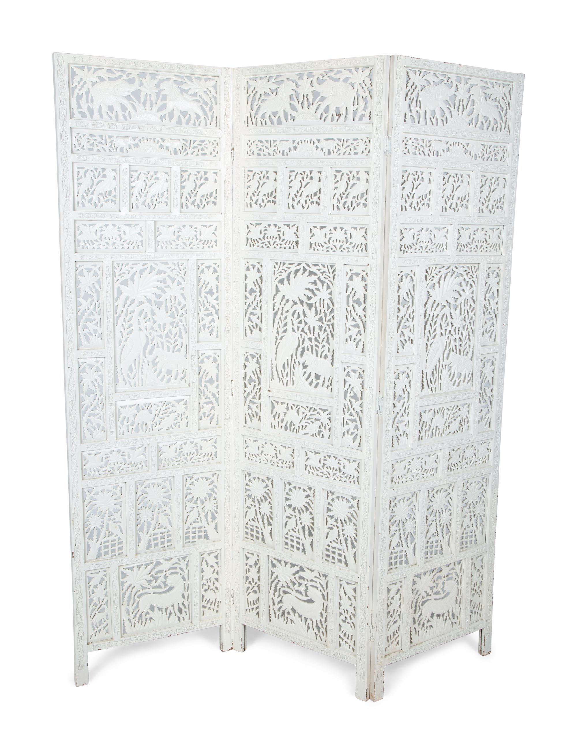 An Indian White Painted Three-Panel Floor Screen — 20TH CENTURY