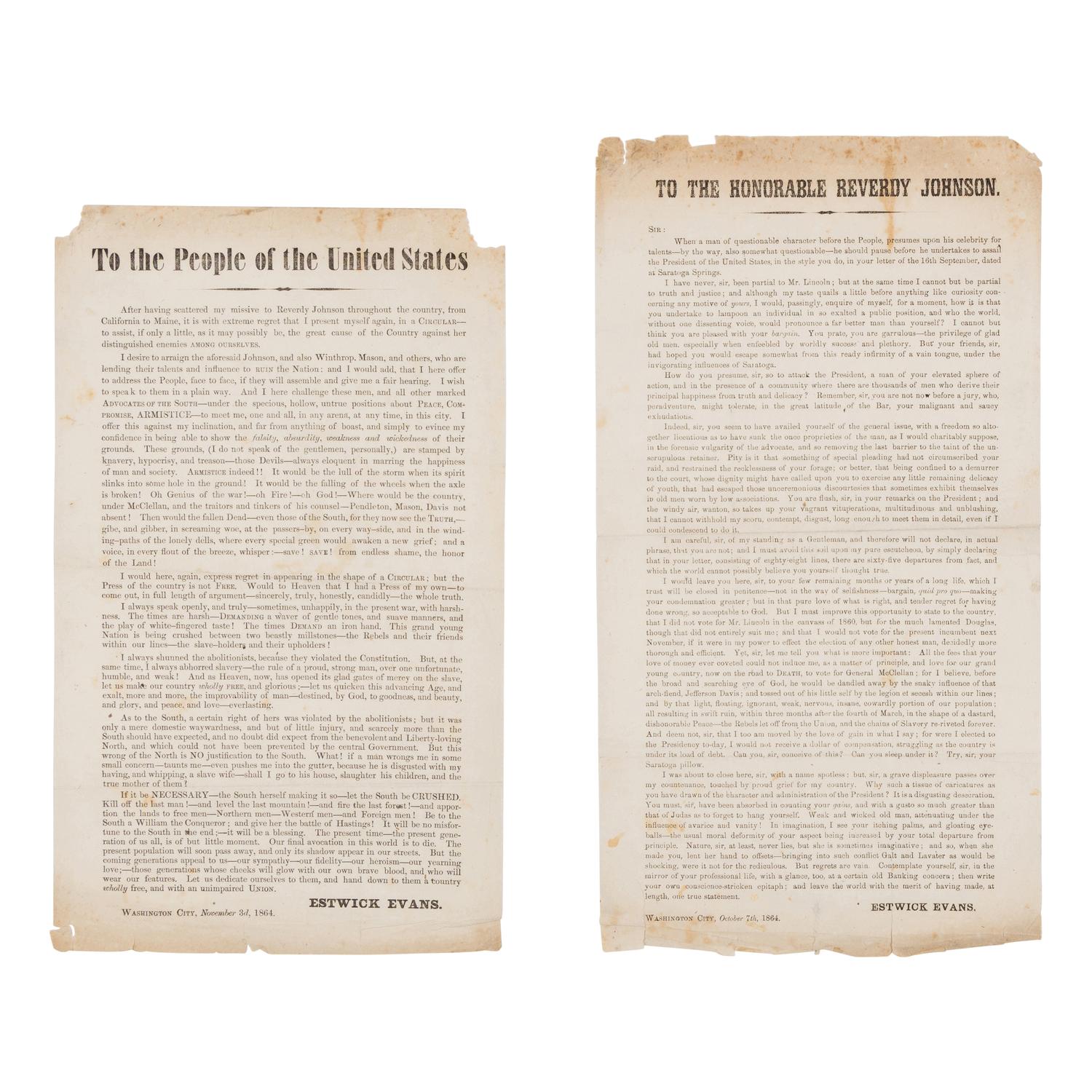 [LINCOLN-JOHNSON CAMPAIGN]. EVANS, Estwick (1787-1866). A pair of broadsides related to the 1864 presidential election, comprising: