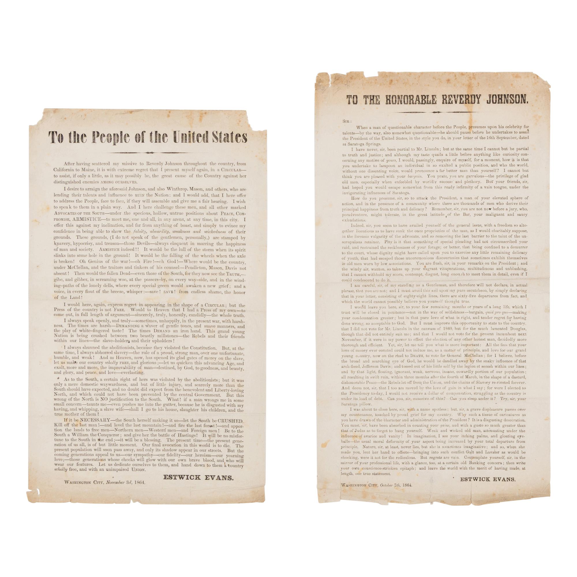 [LINCOLN-JOHNSON CAMPAIGN]. EVANS, Estwick (1787-1866). A pair of broadsides related to the 1864 presidential election, comprising: