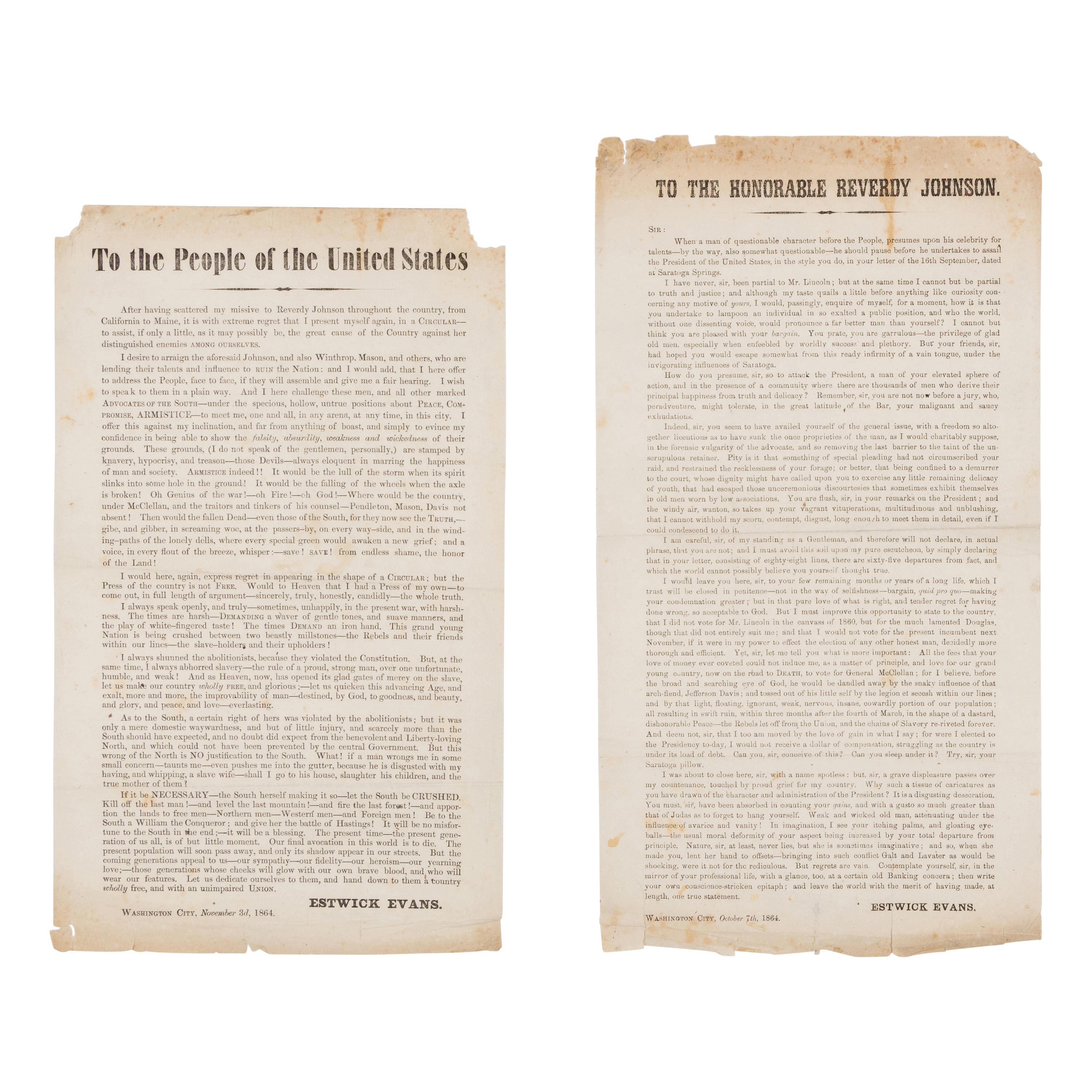 [LINCOLN-JOHNSON CAMPAIGN]. EVANS, Estwick (1787-1866). A pair of broadsides related to the 1864 presidential election, comprising: