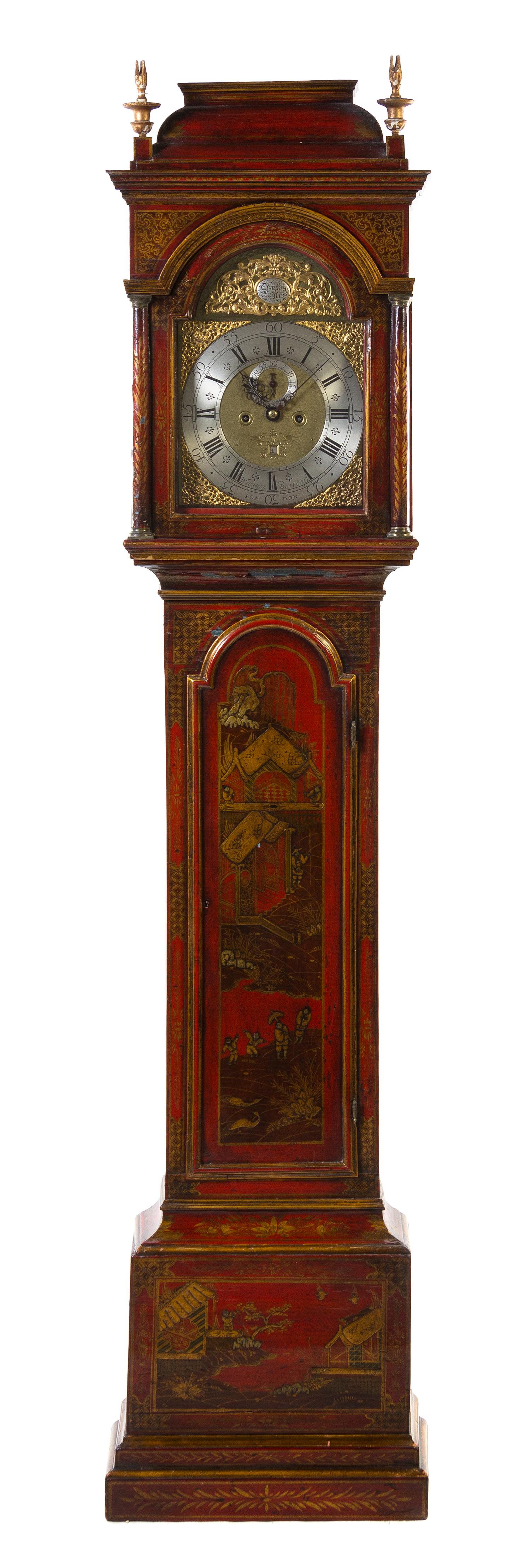 An English Lacquered Tall Case Clock, William Barrow, Height 93 inches.