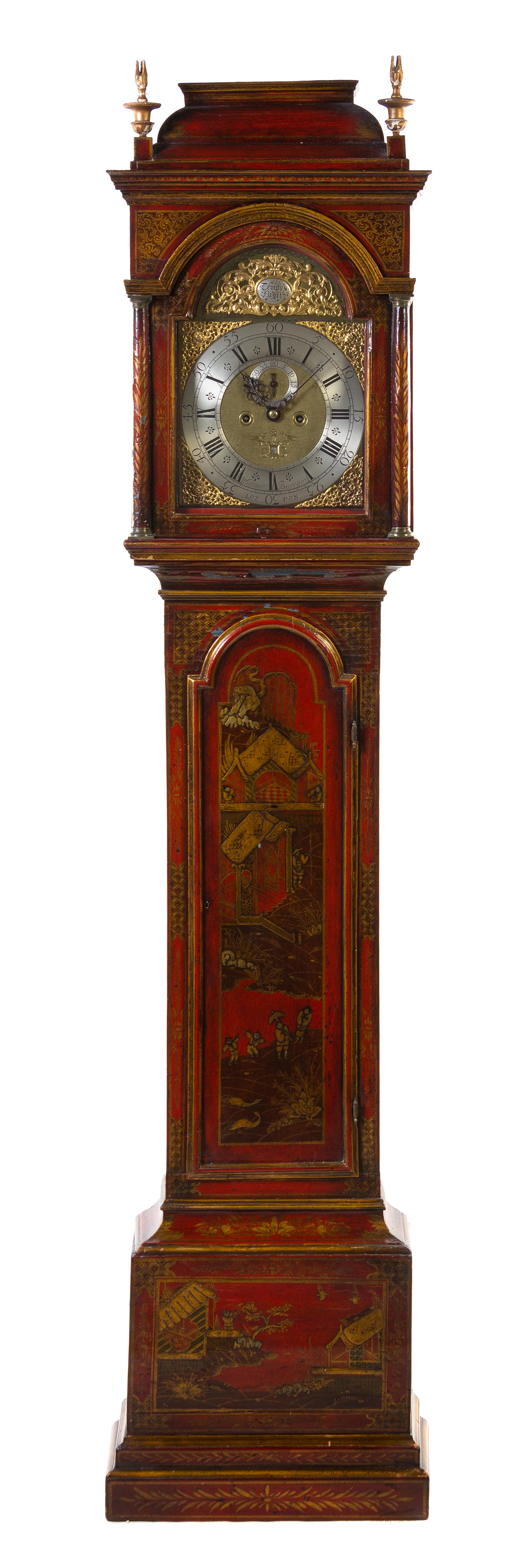 An English Lacquered Tall Case Clock, William Barrow, Height 93 inches.