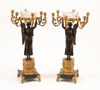 A Pair of Empire Style Gilt and Patinated Bronze Figural Candelabra with Cut Glass Cache Pots