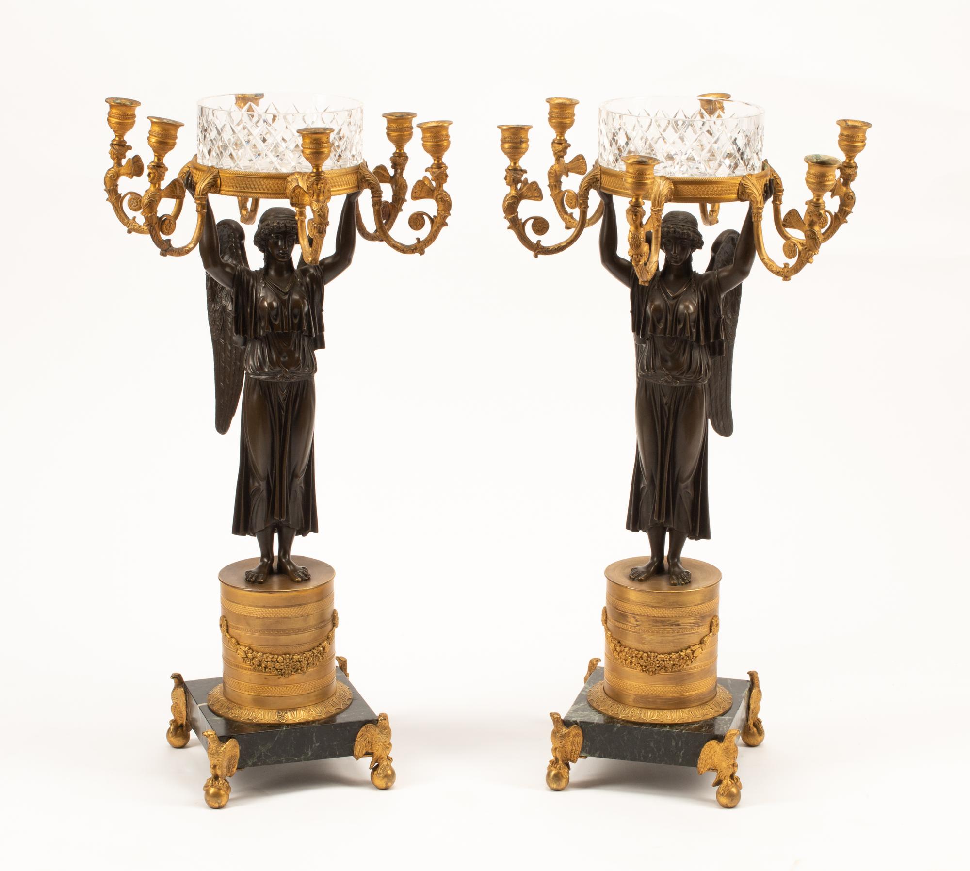 A Pair of Empire Style Gilt and Patinated Bronze Figural Candelabra with Cut Glass Cache Pots