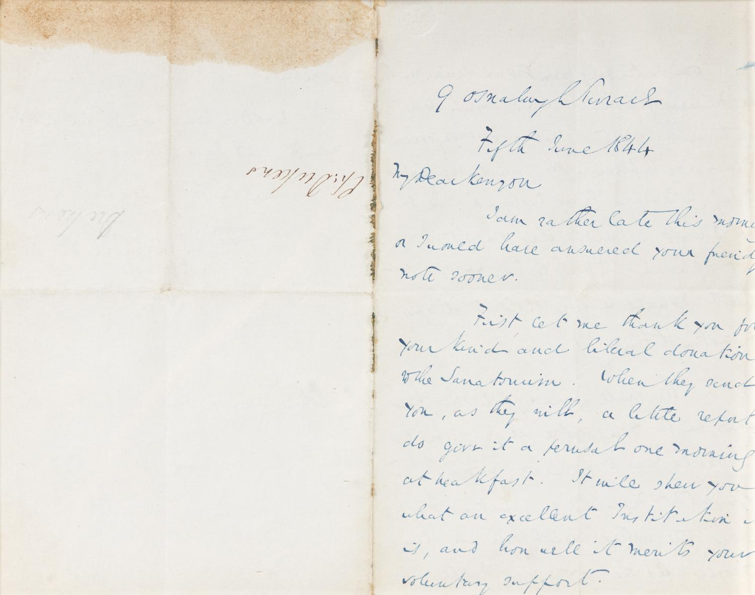 DICKENS, Charles (1812-1870). Autograph letter signed (“Charles Dickens”), to John Kenyon, 5 June 1844.