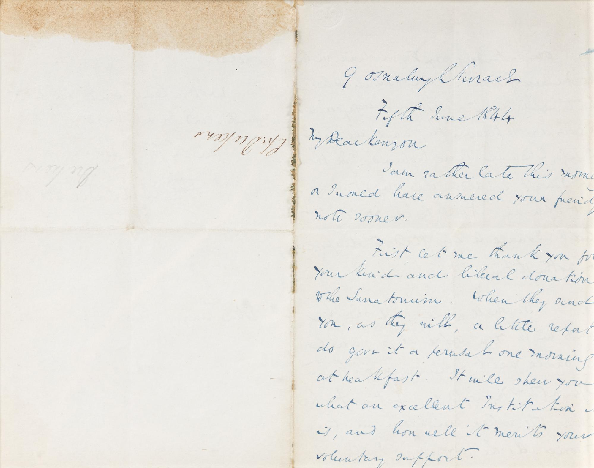 DICKENS, Charles (1812-1870). Autograph letter signed (“Charles Dickens”), to John Kenyon, 5 June 1844.