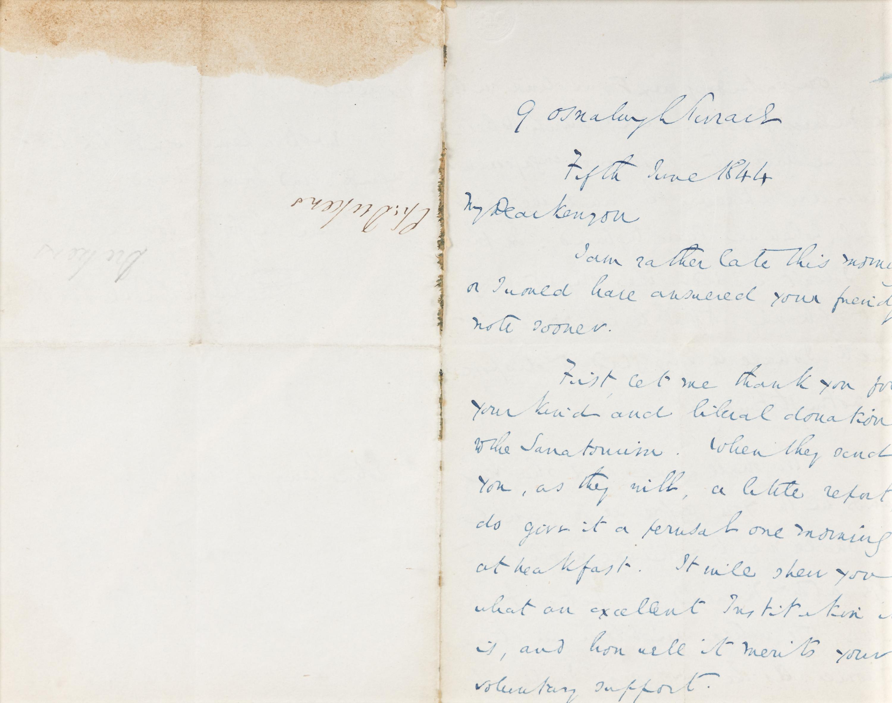 DICKENS, Charles (1812-1870). Autograph letter signed (“Charles Dickens”), to John Kenyon, 5 June 1844.