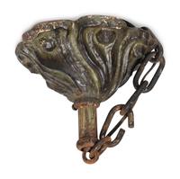 An Art Nouveau Patinated Bronze and Steuben Aurene Glass Seven-Light Ceiling Fixture