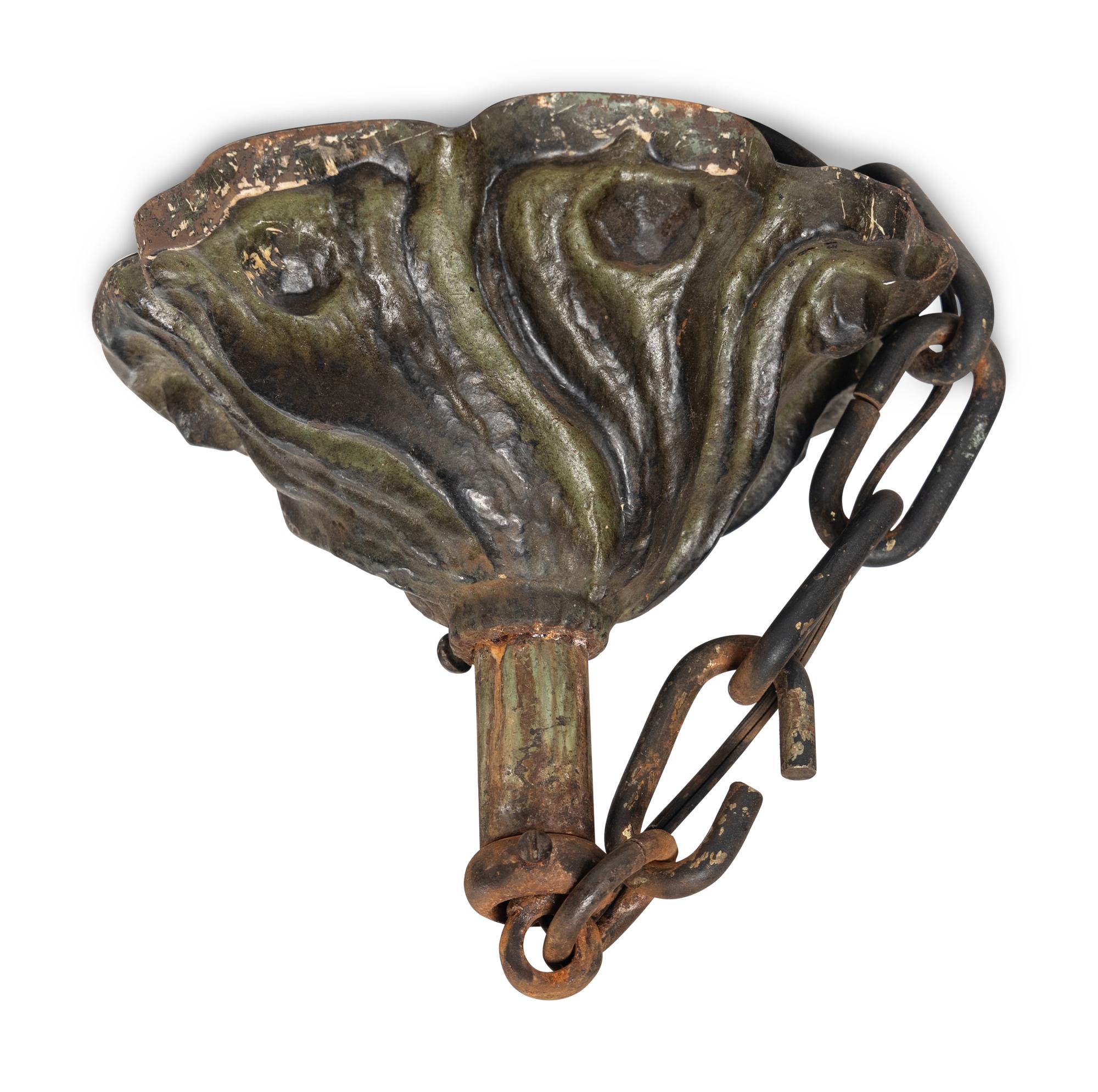An Art Nouveau Patinated Bronze and Steuben Aurene Glass Seven-Light Ceiling Fixture