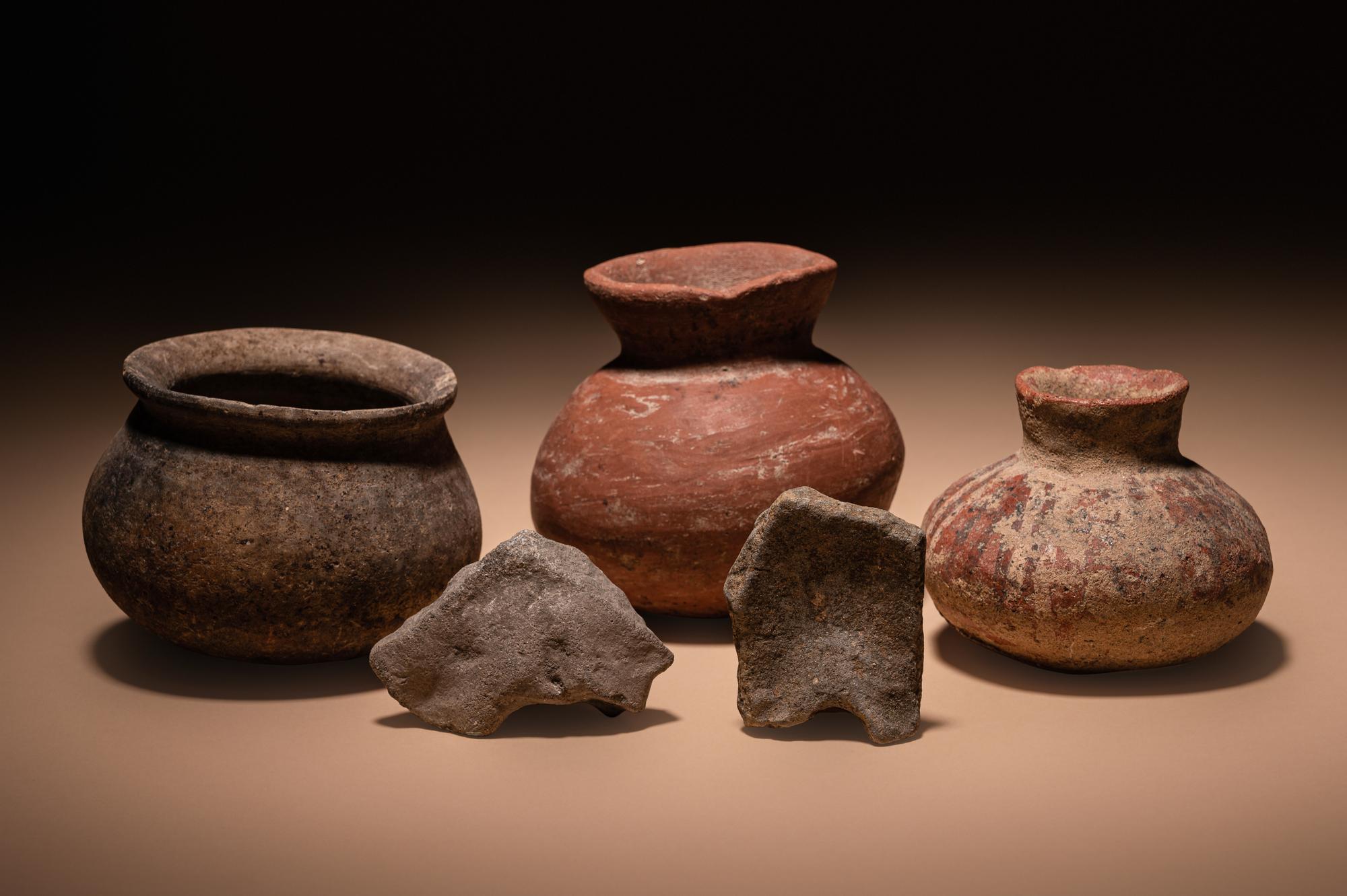 Three Pre-Columbian Terracotta Bowls and Two Face Fragments