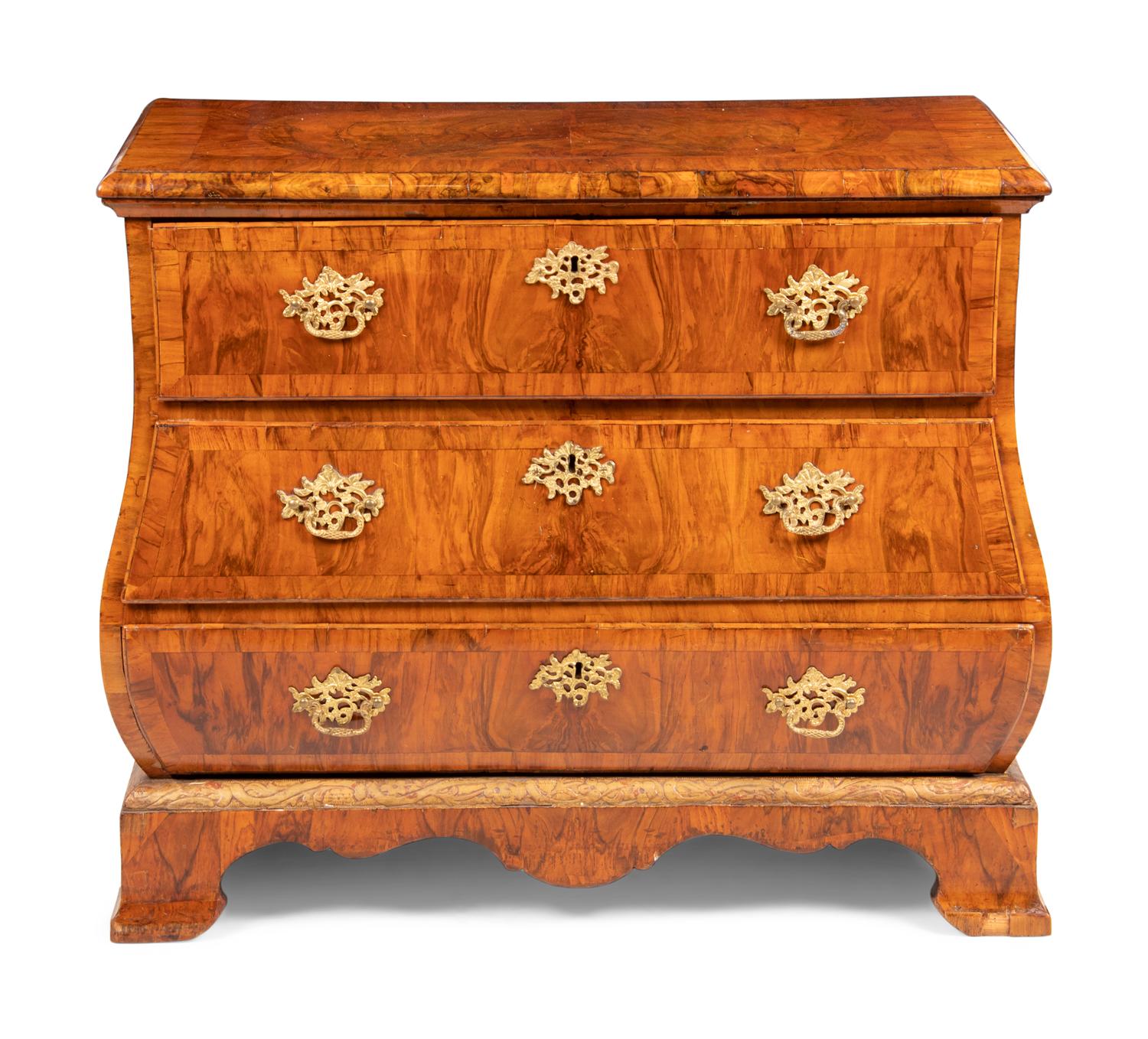 A German Gilt Bronze Mounted and Parcel Gilt Burl Walnut Bombe Chest in the Louis XV Taste